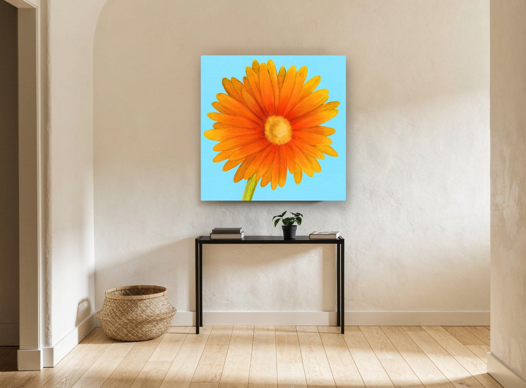 Orange Gerbera Sky floral canvas print on the wall of a hallway