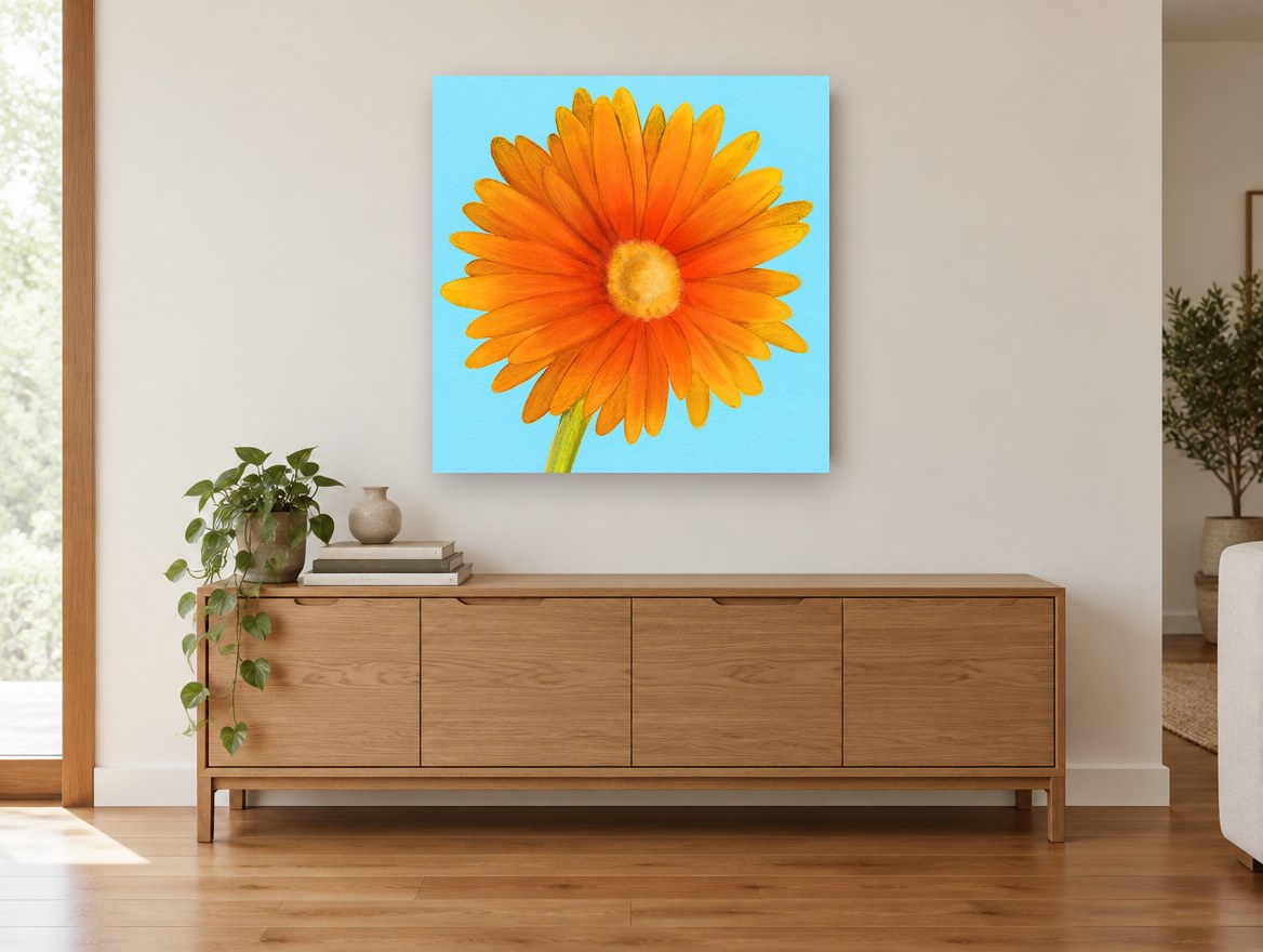 Orange Gerbera Sky floral canvas print on the wall of a living room above a sideboard