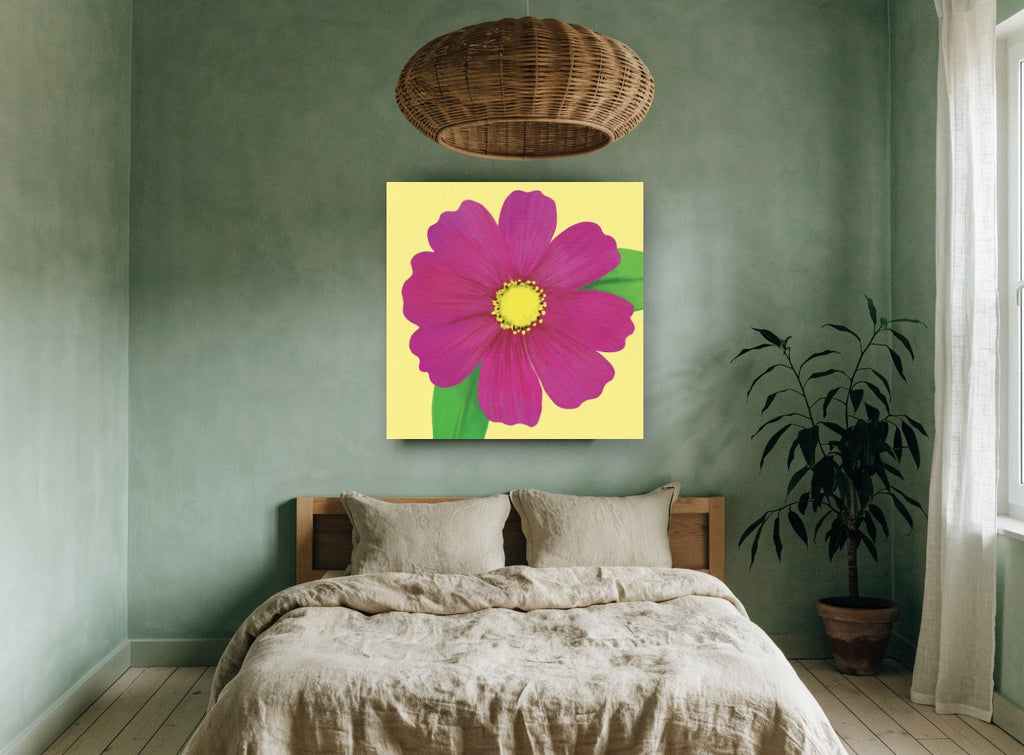 Magenta Cosmos Bloom floral canvas print on the wall of a bedroom