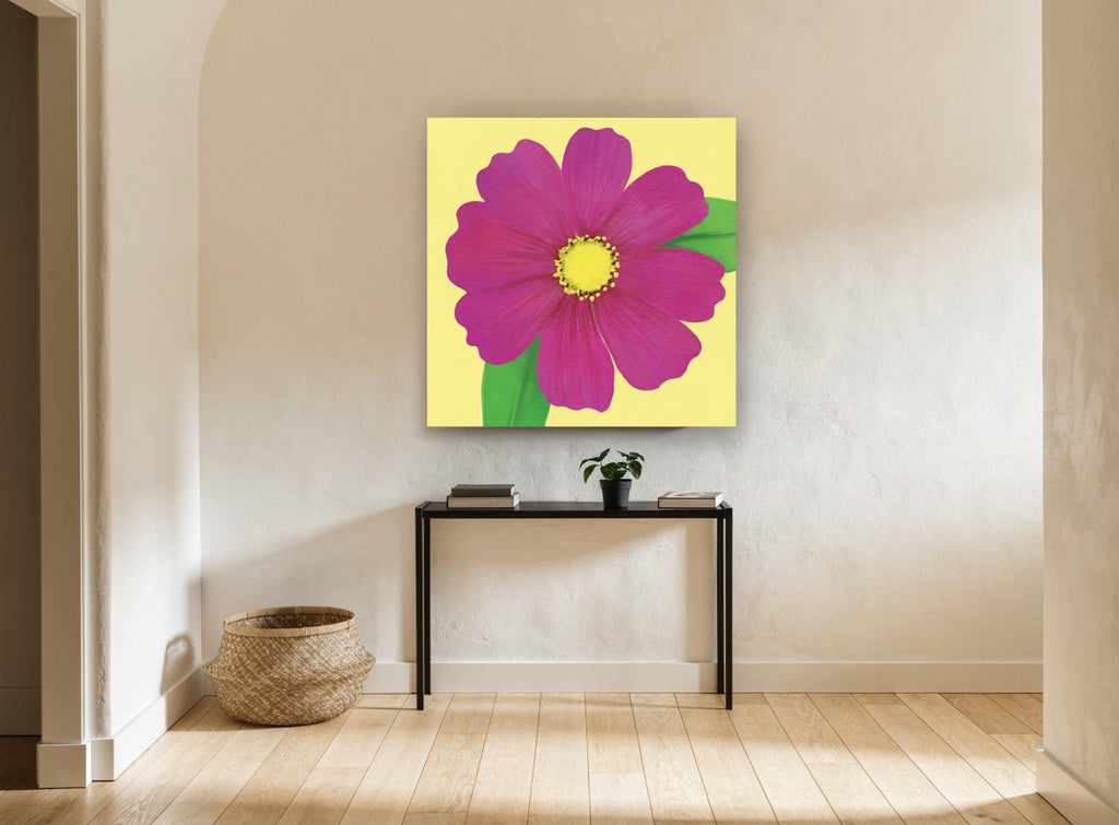 Magenta Cosmos Bloom floral canvas print on the wall of a hallway