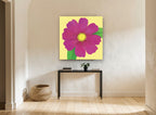 Magenta Cosmos Bloom floral canvas print on the wall of a hallway