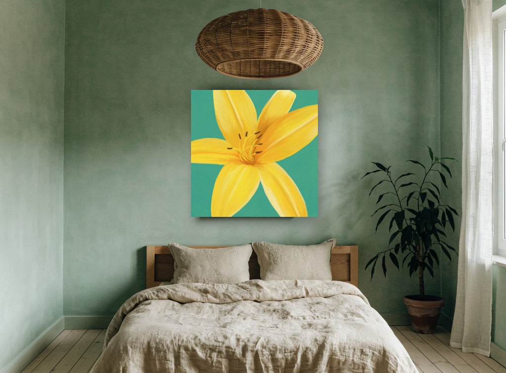 Golden Lily on Teal floral canvas print on the wall of a bedroom
