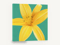 Golden Lily on Teal, yellow lily flower teal background, floral canvas wall art print ready to hang