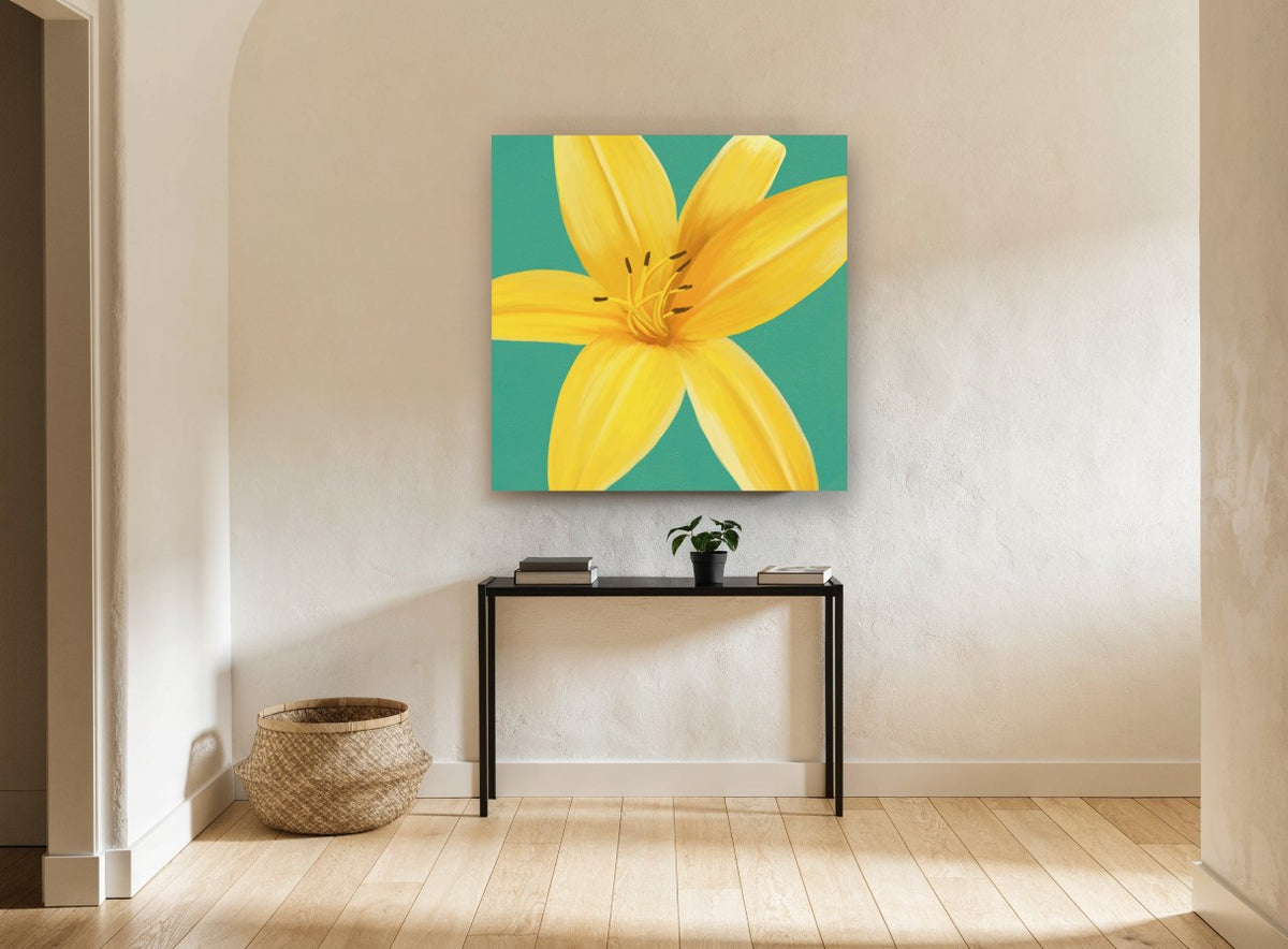 Golden Lily on Teal floral canvas print on the wall of a hallway