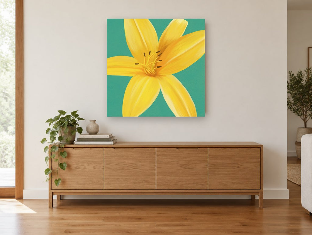 Golden Lily on Teal floral canvas print on the wall of a living room above a sideboard