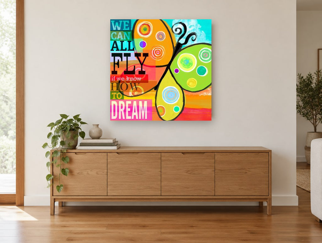 Butterfly Dream Words animal canvas print on the wall of a living room above a sideboard