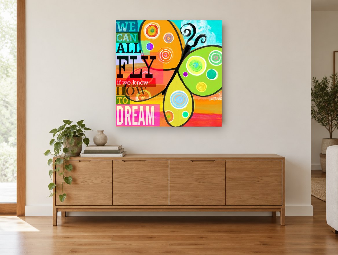 Butterfly Dream Words animal canvas print on the wall of a living room above a sideboard