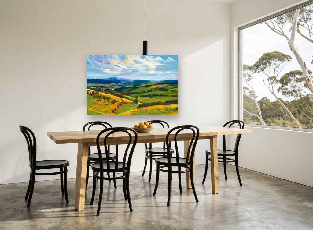 Sunlit Rolling Pastures landscape canvas print on the wall of a dining room