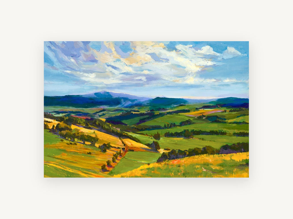 Sunlit Rolling Pastures, rolling green hills landscape painting, landscape canvas wall art print, front view