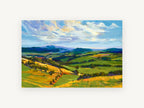 Sunlit Rolling Pastures, rolling green hills landscape painting, landscape canvas wall art print, front view