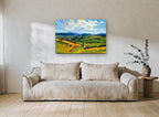 Sunlit Rolling Pastures landscape canvas print on the wall of a living room