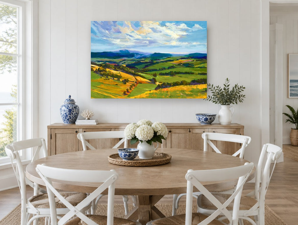 Sunlit Rolling Pastures landscape canvas print on the wall of a Hamptons dining room