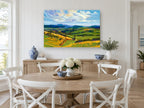 Sunlit Rolling Pastures landscape canvas print on the wall of a Hamptons dining room