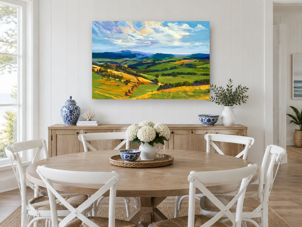 Sunlit Rolling Pastures landscape canvas print on the wall of a Hamptons dining room