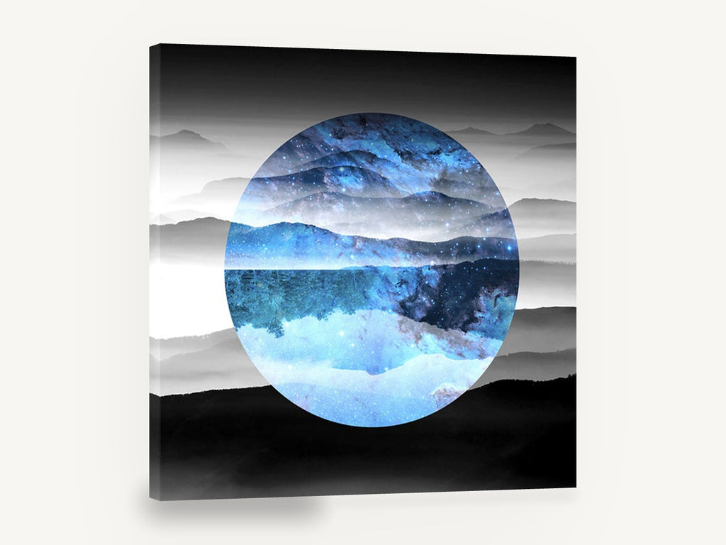 Starlit Mountain Circle, blue galaxy mountain lake reflection, landscape canvas wall art print ready to hang