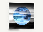 Starlit Mountain Circle, blue galaxy mountain lake reflection, landscape canvas wall art print ready to hang
