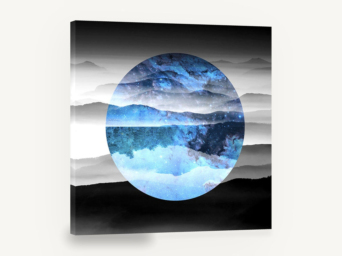 Starlit Mountain Circle, blue galaxy mountain lake reflection, landscape canvas wall art print ready to hang