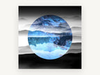 Starlit Mountain Circle, blue galaxy mountain lake reflection, landscape canvas wall art print, front view