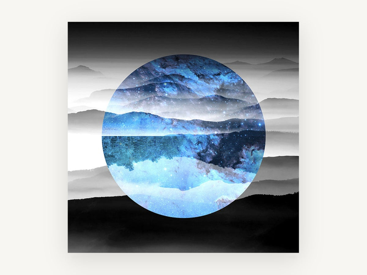 Starlit Mountain Circle, blue galaxy mountain lake reflection, landscape canvas wall art print, front view