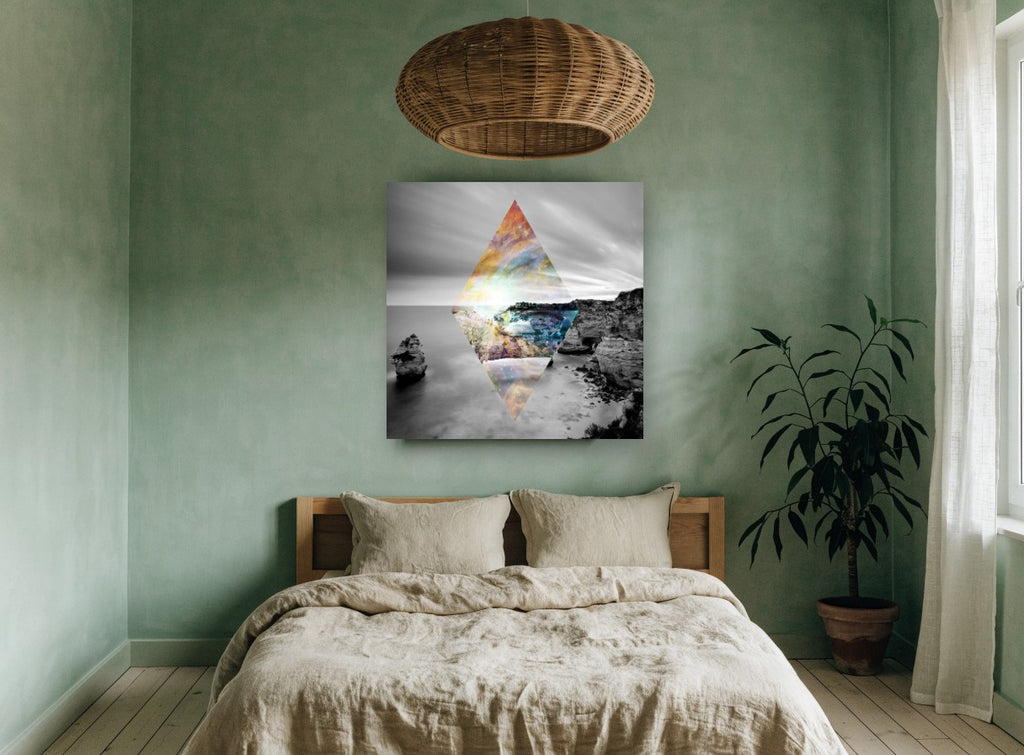 Cosmic Diamond Cove coastal canvas print on the wall of a bedroom