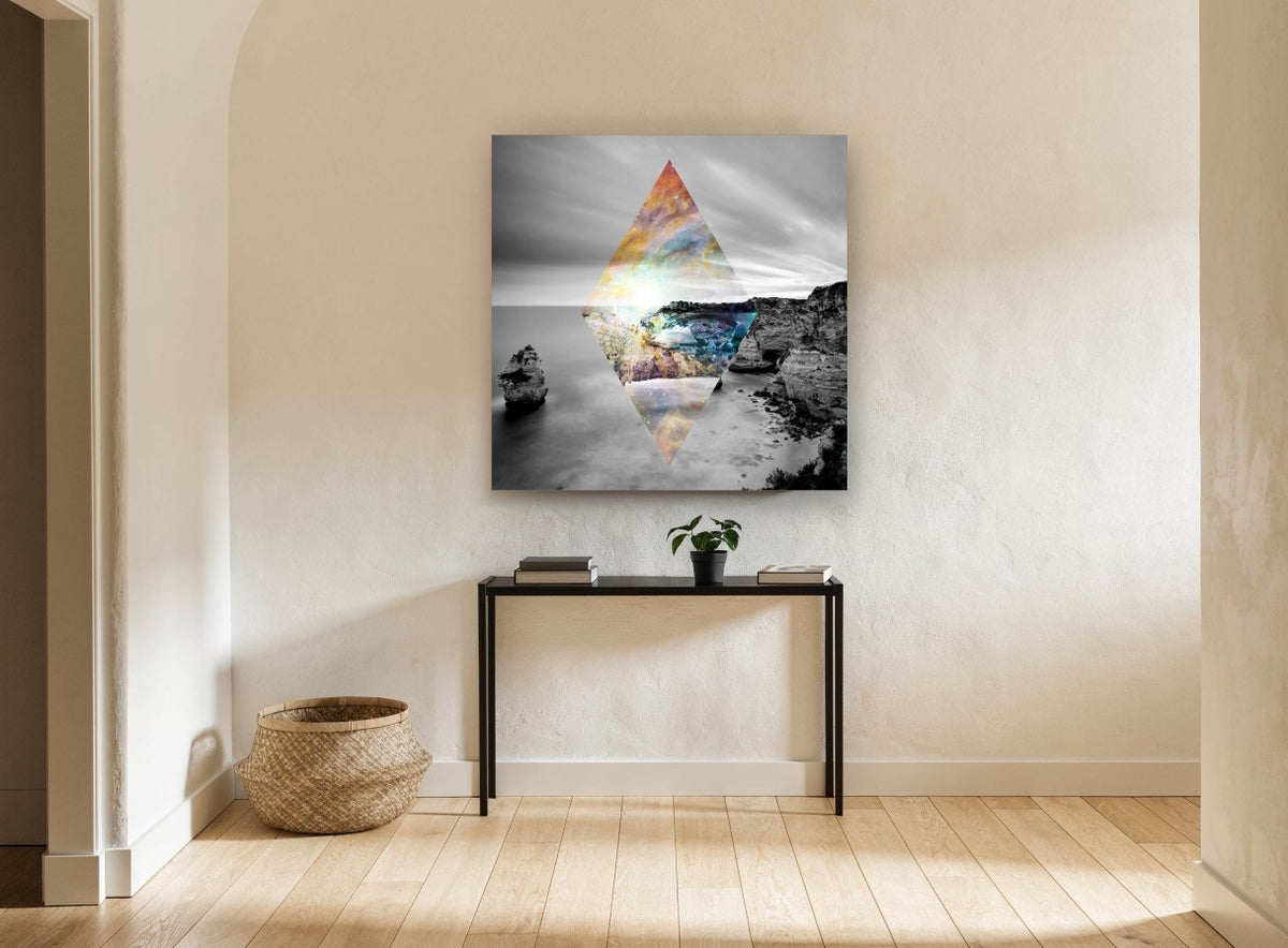 Cosmic Diamond Cove coastal canvas print on the wall of a hallway