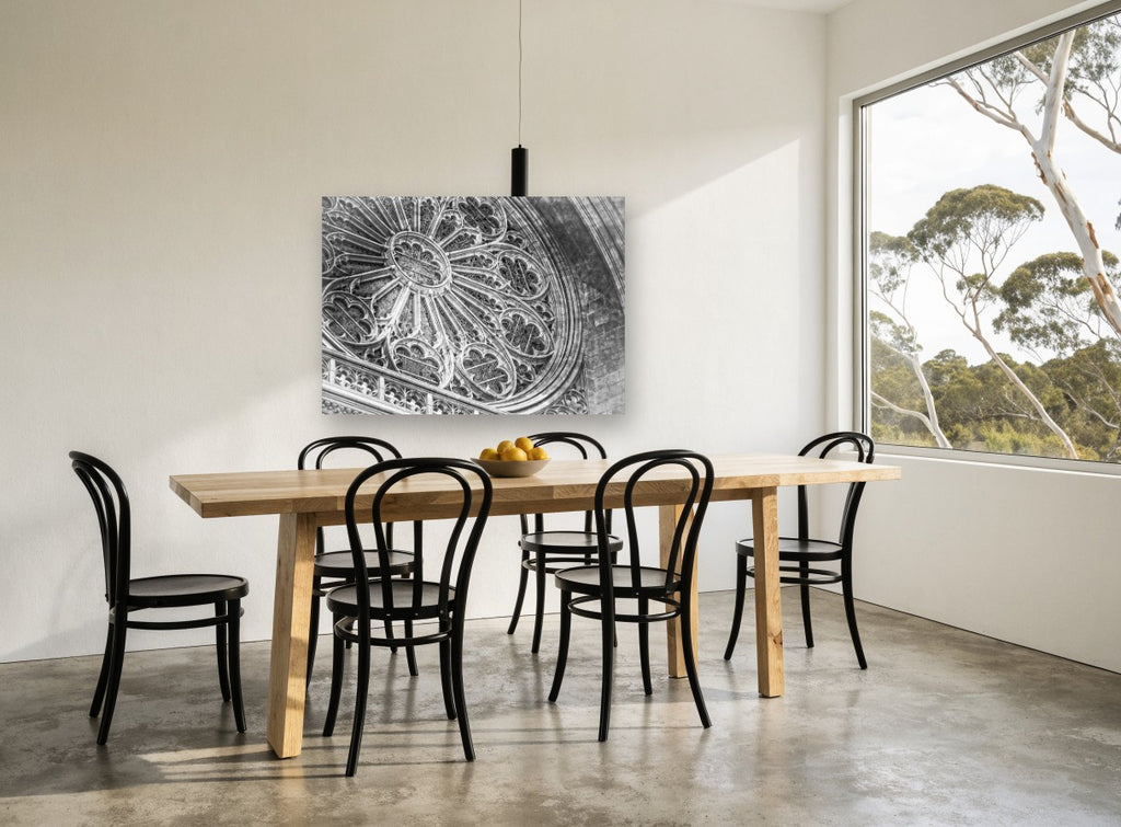 Gothic Rose Window vintage canvas print on the wall of a dining room