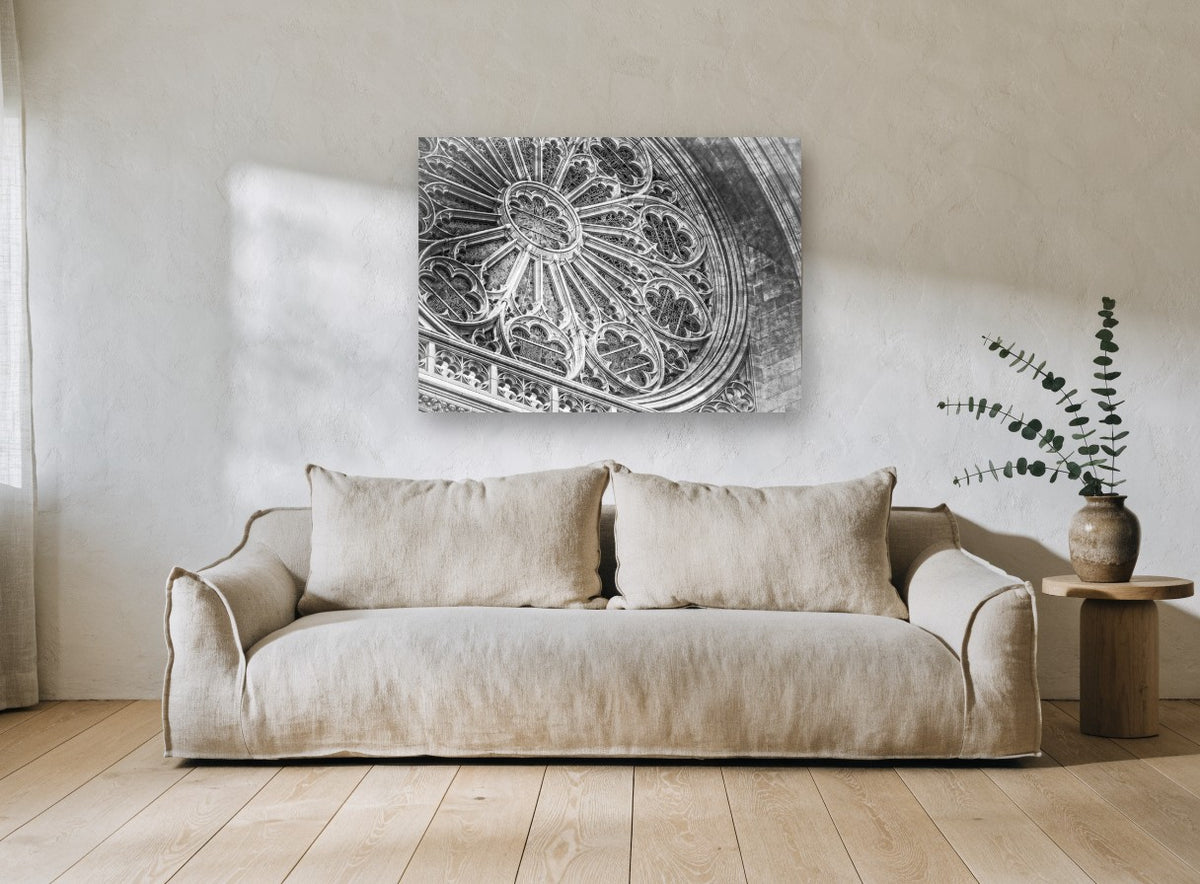 Gothic Rose Window vintage canvas print on the wall of a living room