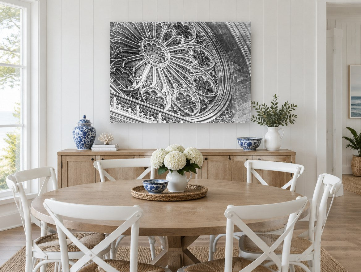 Gothic Rose Window vintage canvas print on the wall of a Hamptons dining room