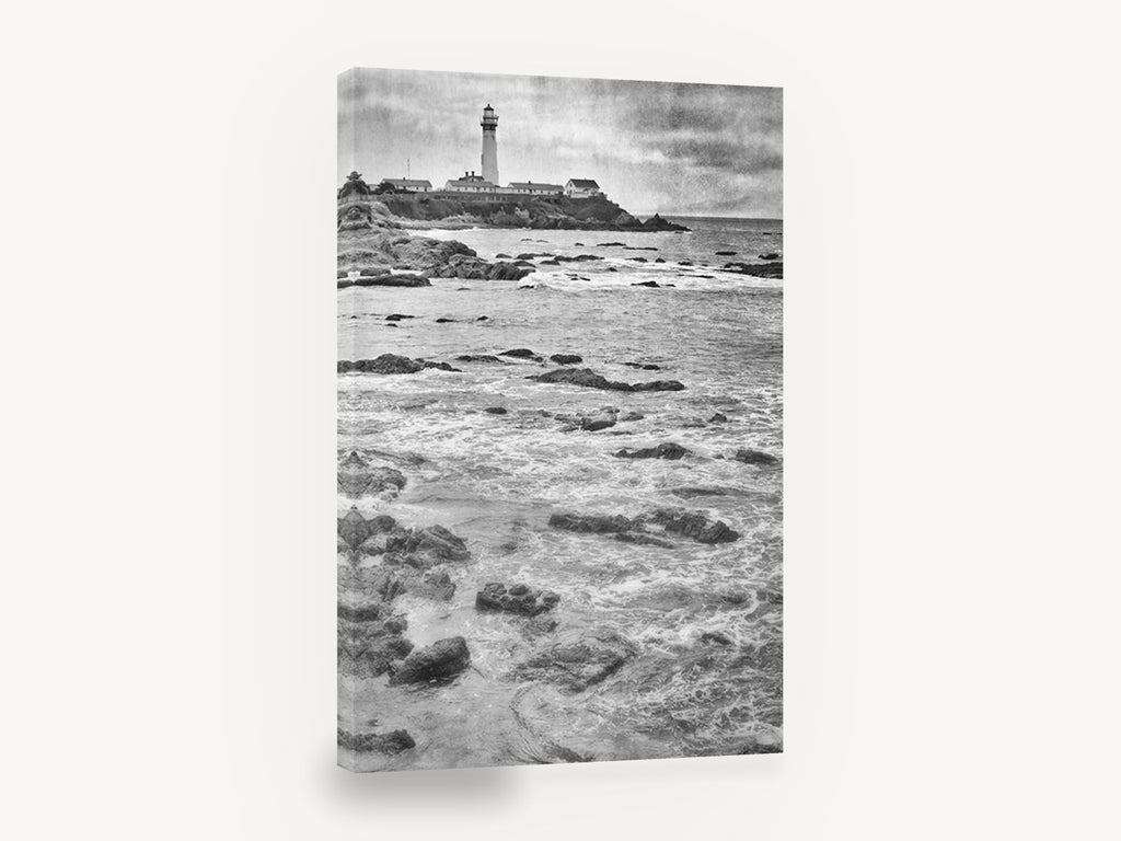 Pigeon Point Rocky Shore, lighthouse rocky coast black and white, coastal canvas wall art print ready to hang