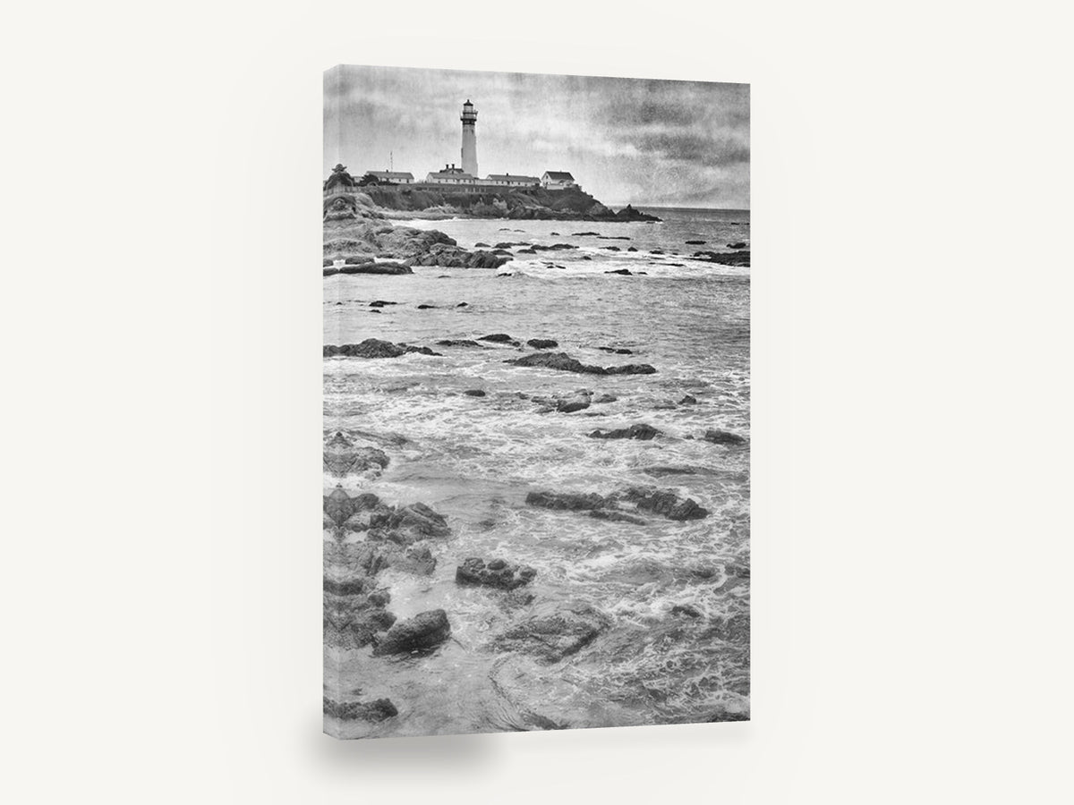 Pigeon Point Rocky Shore, lighthouse rocky coast black and white, coastal canvas wall art print ready to hang