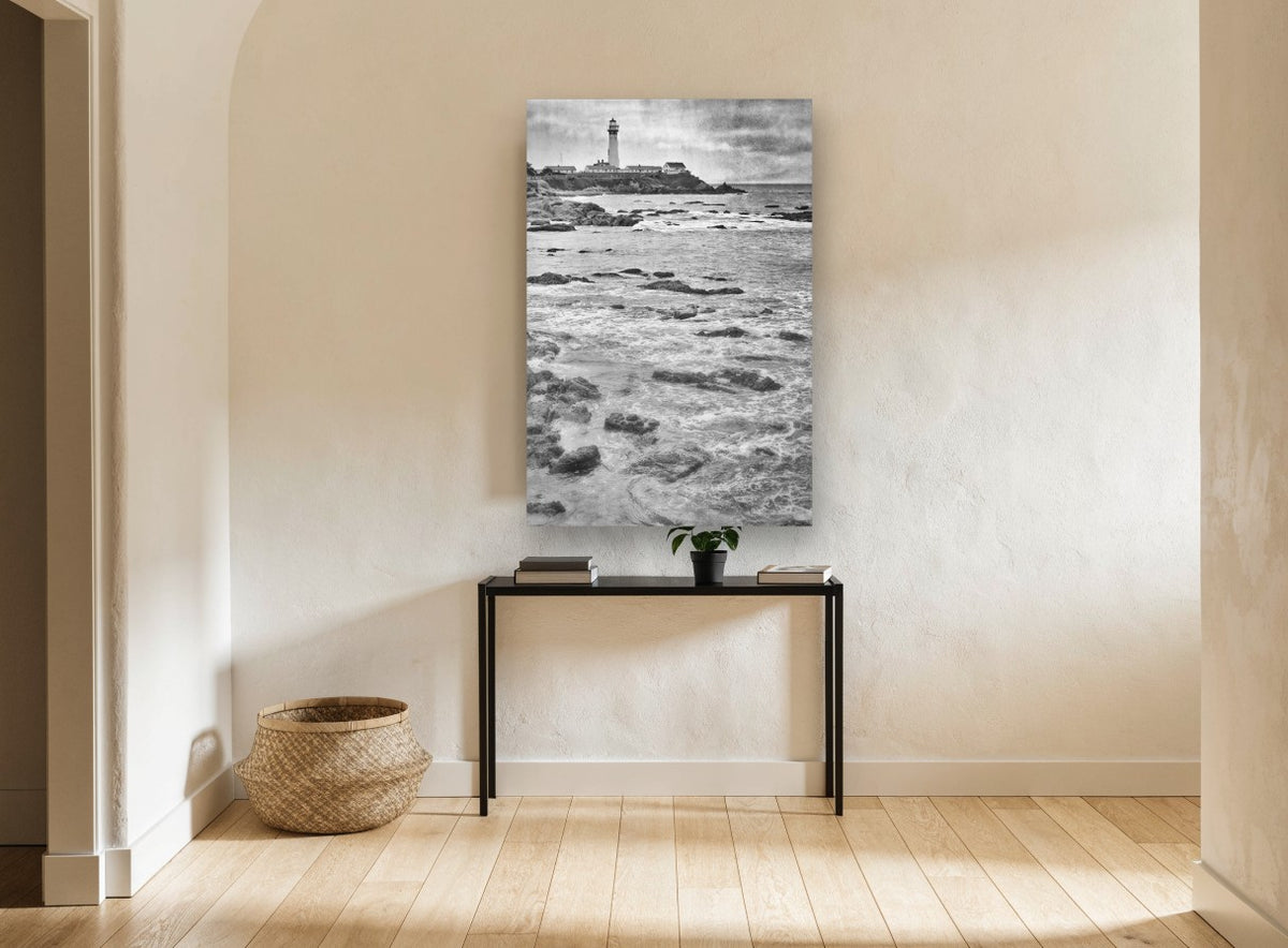Pigeon Point Rocky Shore coastal canvas print on the wall of a hallway
