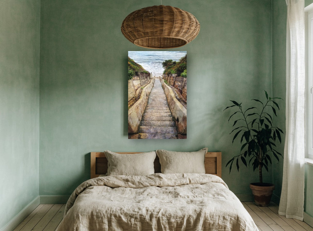 Stairway to the Shore coastal canvas print on the wall of a bedroom