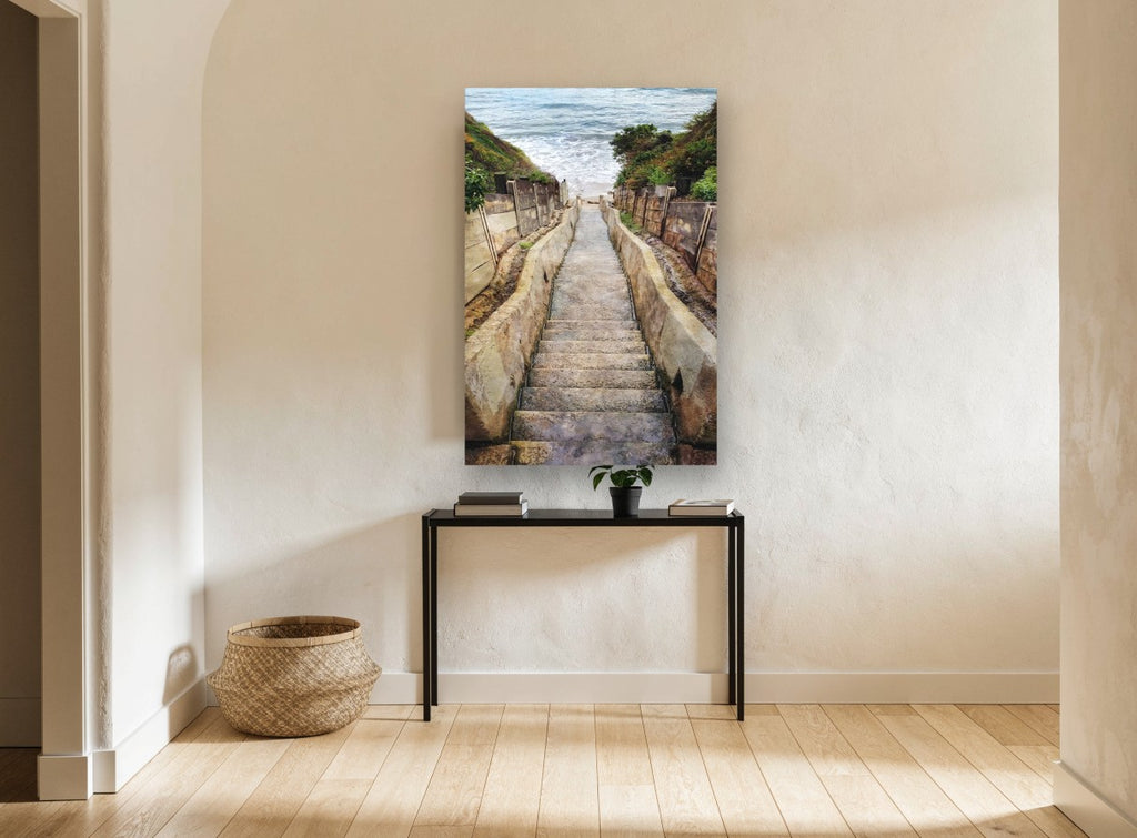 Stairway to the Shore coastal canvas print on the wall of a hallway