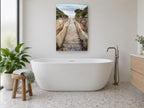 Stairway to the Shore coastal canvas print on the wall of a bathroom
