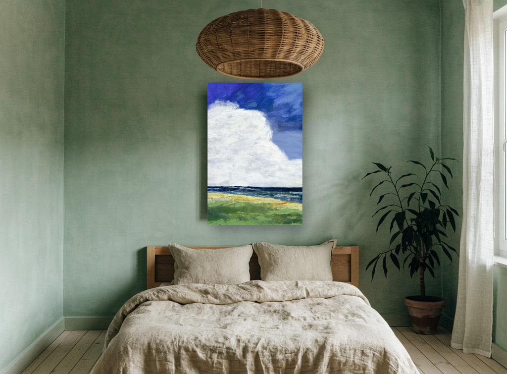 Cumulus Over Dunes coastal canvas print on the wall of a bedroom