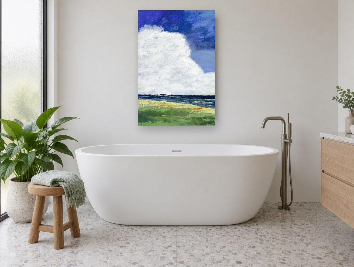 Cumulus Over Dunes coastal canvas print on the wall of a bathroom