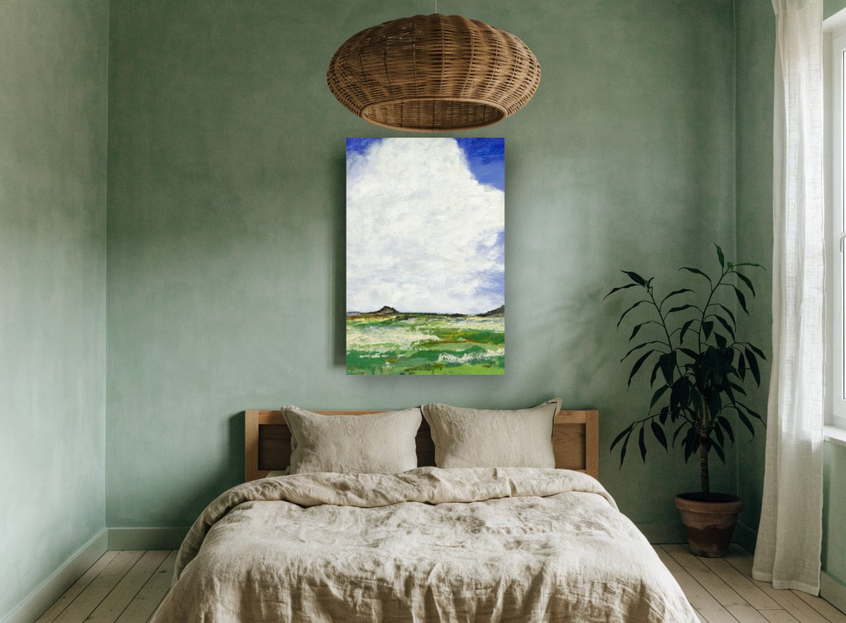 Towering Cloud Meadow landscape canvas print on the wall of a bedroom