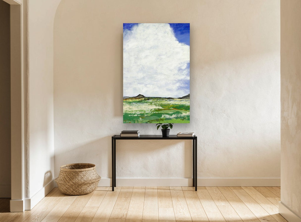 Towering Cloud Meadow landscape canvas print on the wall of a hallway