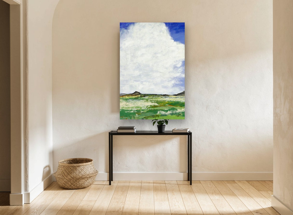 Towering Cloud Meadow landscape canvas print on the wall of a hallway