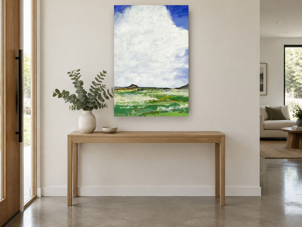 Towering Cloud Meadow landscape canvas print on the wall of a entry hall