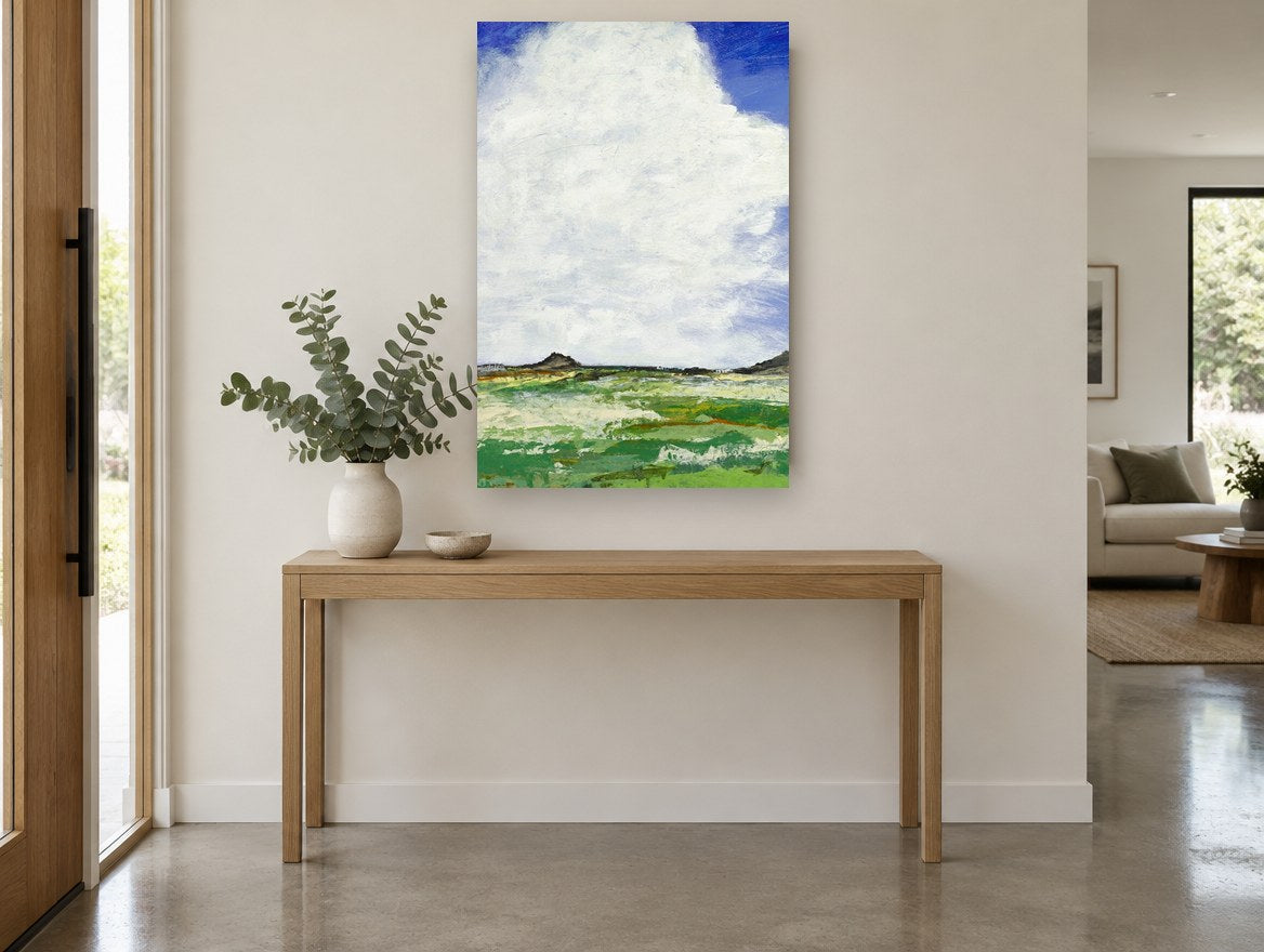 Towering Cloud Meadow landscape canvas print on the wall of a entry hall