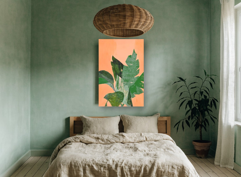 Peach Paper Leaves floral canvas print on the wall of a bedroom