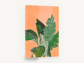 Peach Paper Leaves, green tropical leaf collage on peach, floral canvas wall art print ready to hang