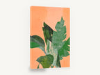 Peach Paper Leaves, green tropical leaf collage on peach, floral canvas wall art print ready to hang