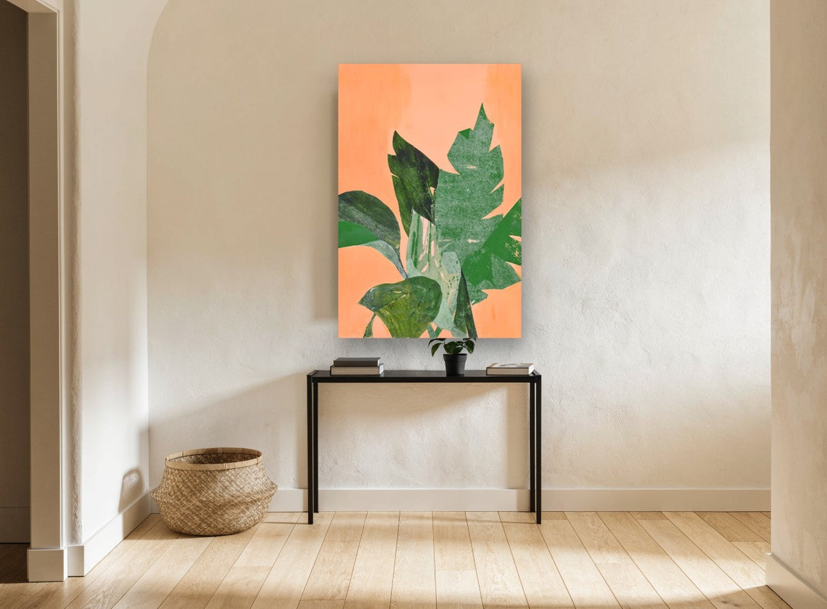 Peach Paper Leaves floral canvas print on the wall of a hallway