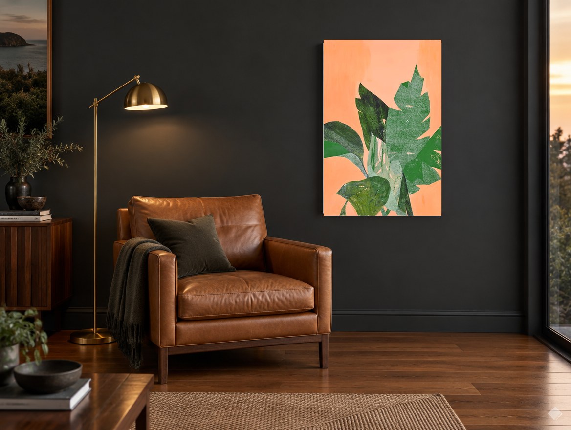 Peach Paper Leaves floral canvas print on the wall of a charcoal living room