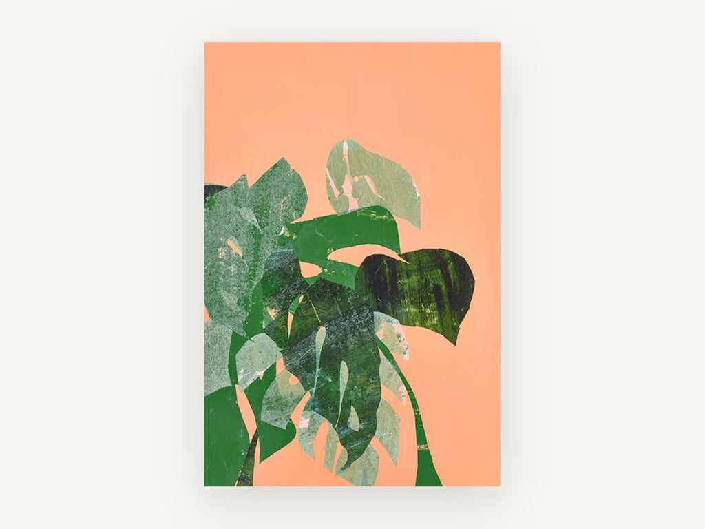 Monstera Collage on Peach, floral canvas wall art print, front view