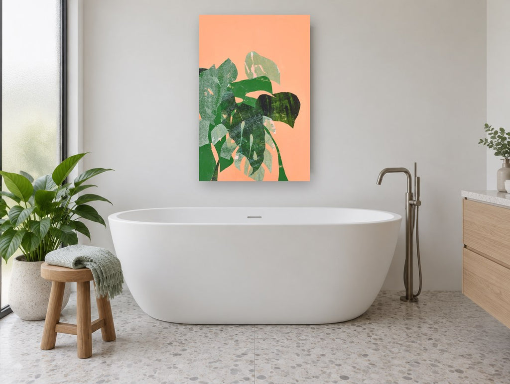 Monstera Collage on Peach floral canvas print on the wall of a bathroom
