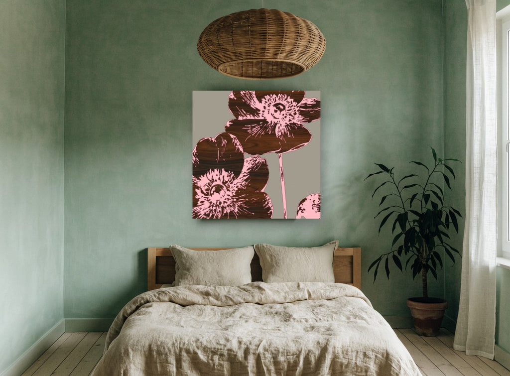 Walnut Anemone Duo floral canvas print on the wall of a bedroom