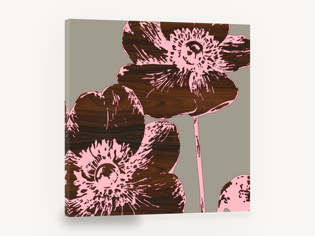 Walnut Anemone Duo, pink anemone wood grain floral, floral canvas wall art print ready to hang